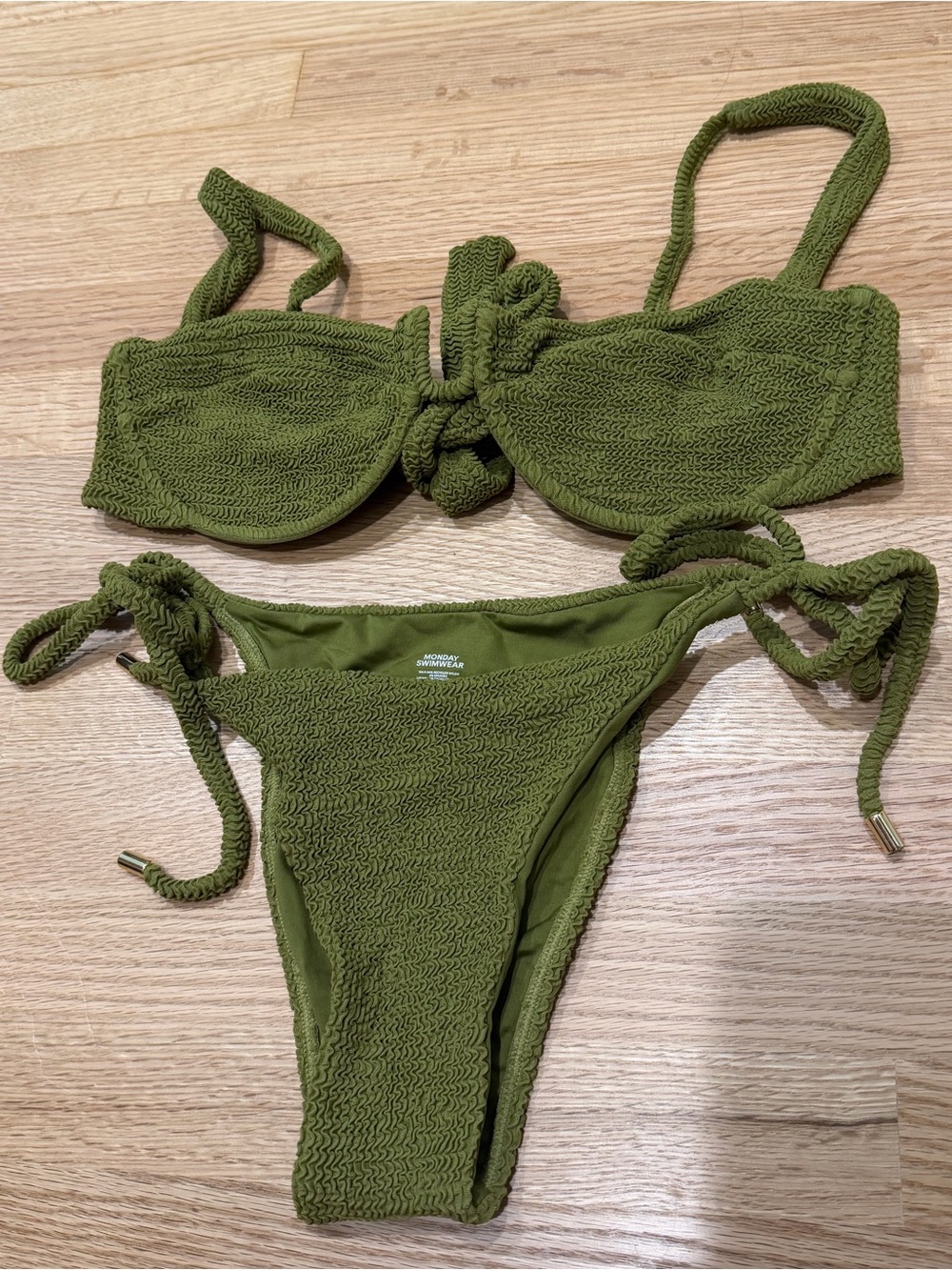 Monday Swimwear Cala Roja Top & Le Marais Bottom in Vivid Moss Crinkle